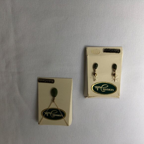 Vintage Genuine Jade Pendant Necklace & Earrings Gold Filled Made In Canada - Picture 2 of 3